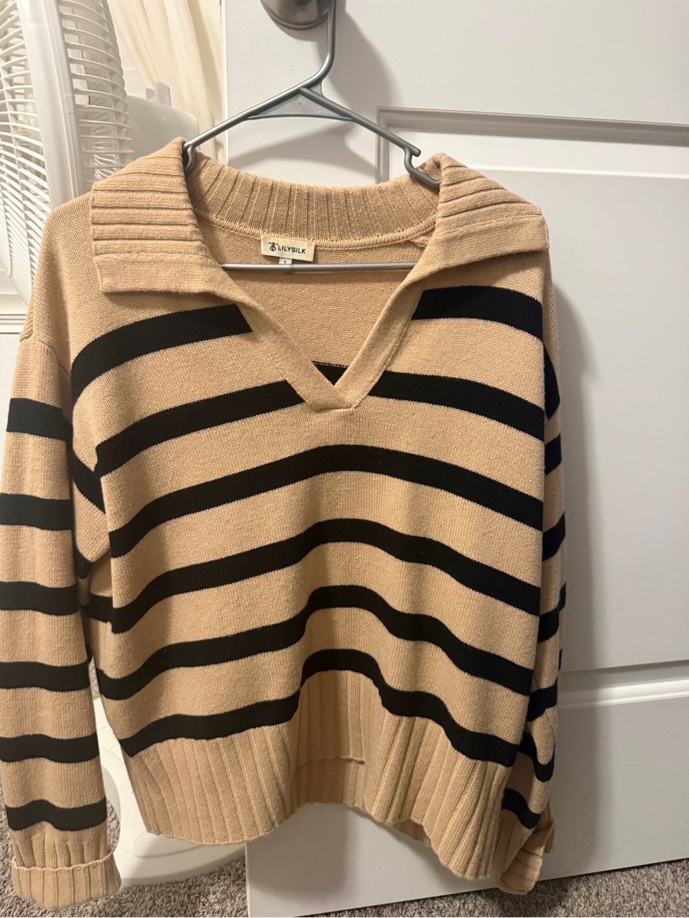 LilySilk 100% Wool Striped V‑Neck Sweater in Tan and Black